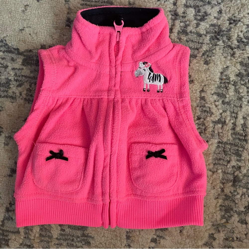 Carter’s Newborn Baby Girl Hot Pink Vest Zebra Embroidery Front Zip Up NB Fleece